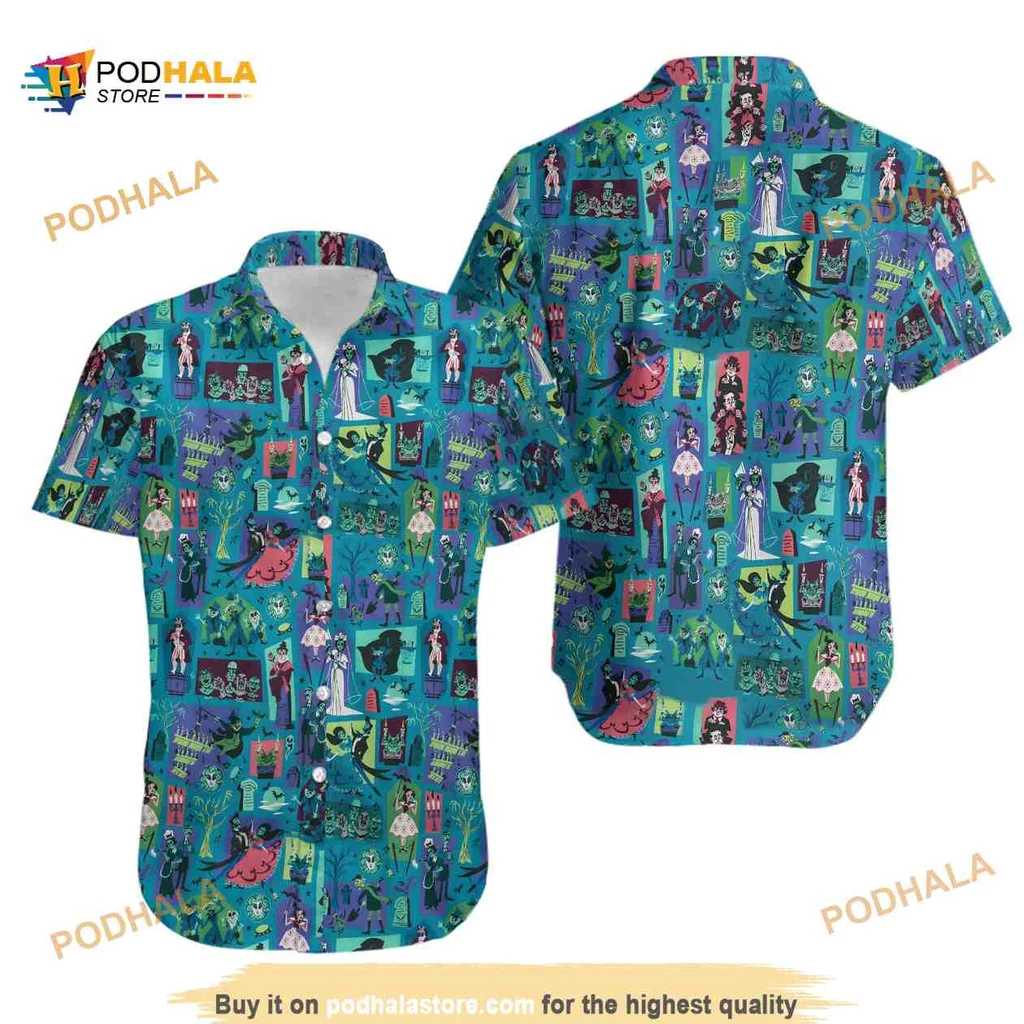 Haunted Mansion Halloween Hawaiian Shirt Featuring Ghostly Figures And Eerie Portraits