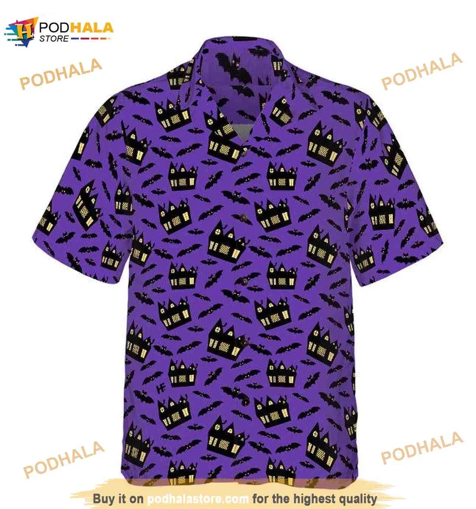 Haunted Mansion Halloween Shirt With Spooky Pattern Of Houses And Bats