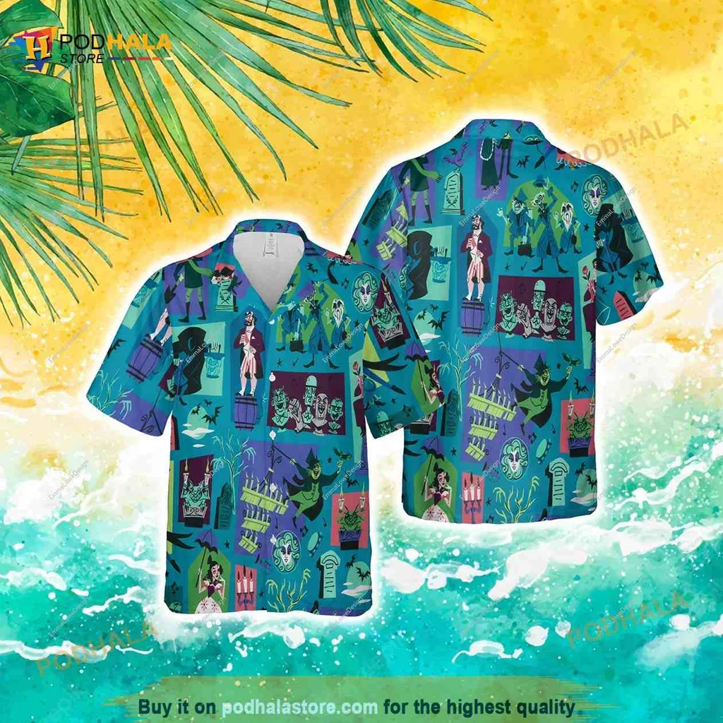 Haunted Mansion Hawaiian Shirt With Ghostly Figures And Tropical Motifs