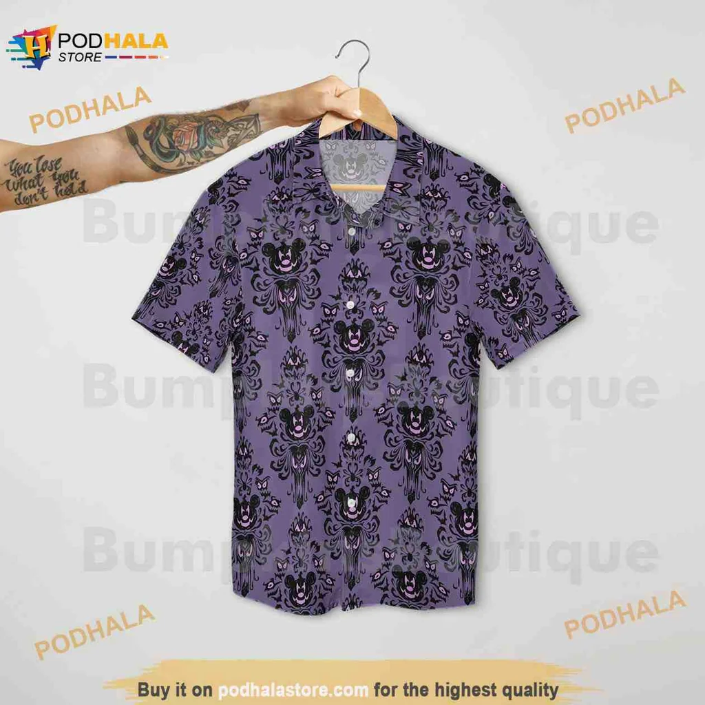 Haunted Mansion Mickey Mouse Hawaiian Shirt With Spooky Damask Pattern