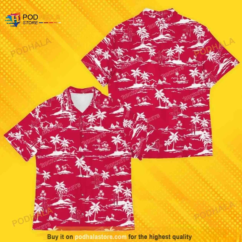 Hawaiian Palm Tree Beach Shirt With Vibrant Red Island Pattern