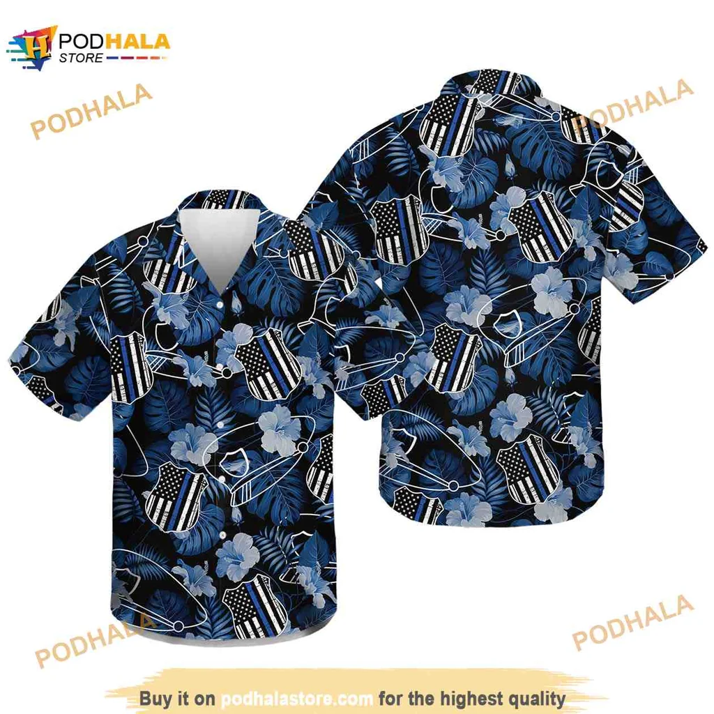 Hawaiian Police Thin Blue Line Shirt With Tropical Floral Design