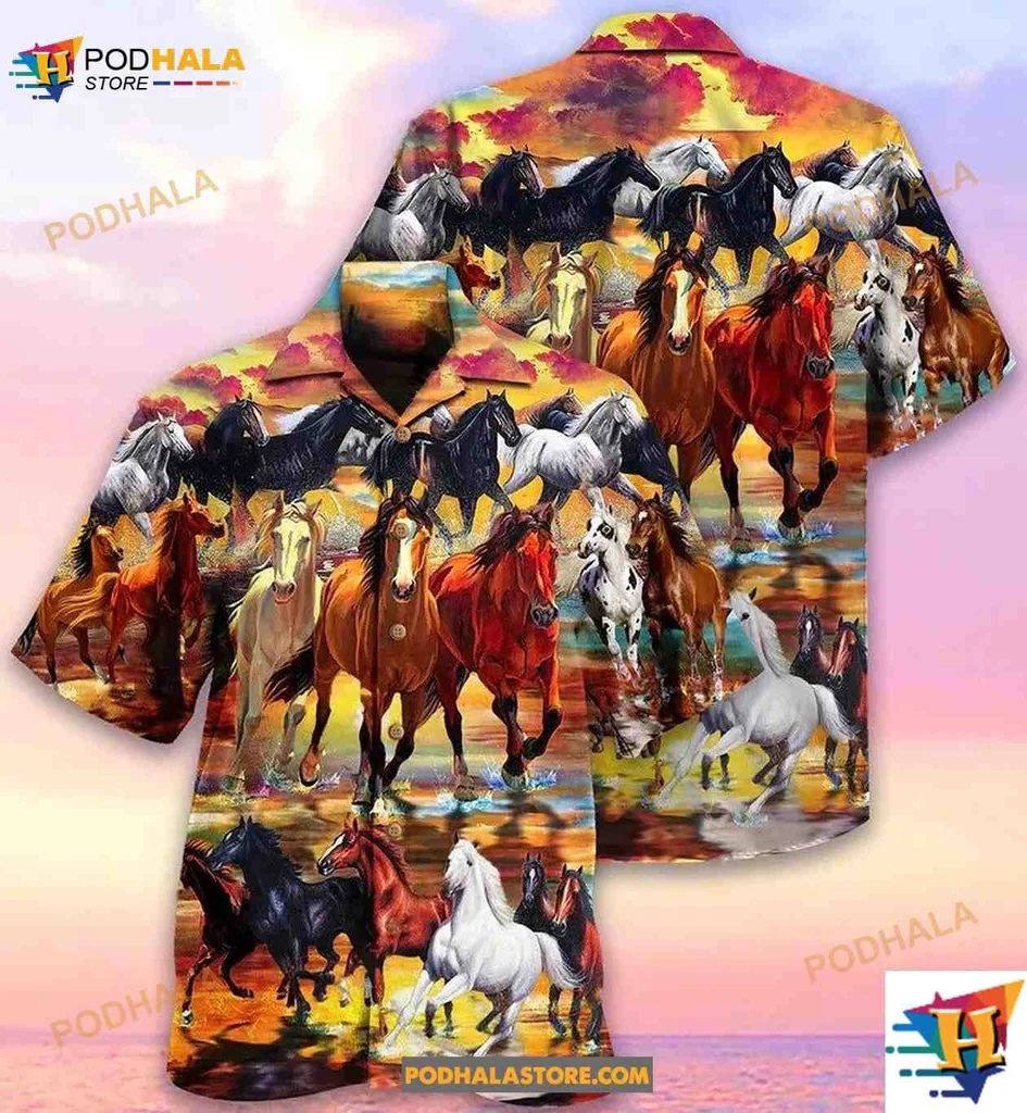 Herd Of Horses Hawaiian Shirt, Vibrant Sunset Design For Horse Lovers