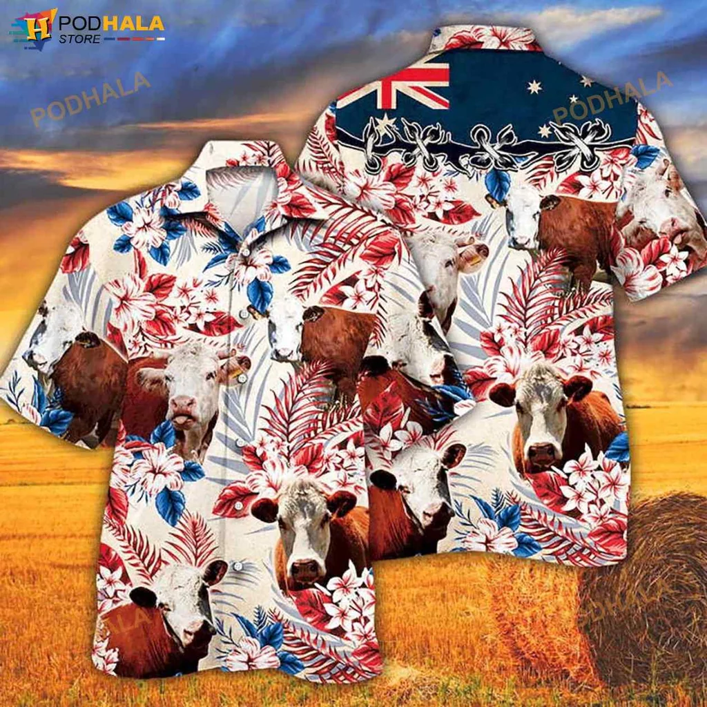 Hereford Cattle Australian Flag Hawaiian Shirt With Tropical Design
