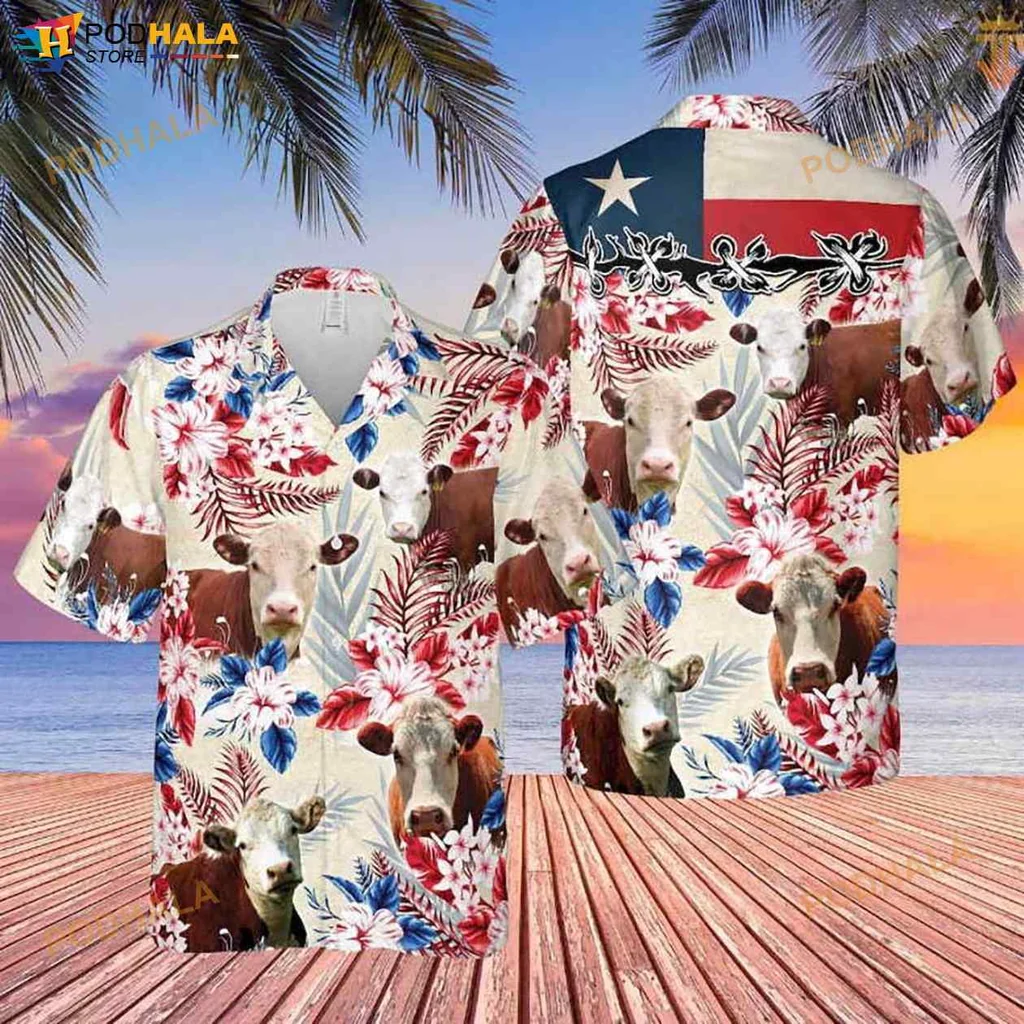 Hereford Cattle Texas Flag Hawaiian Shirt With Floral Elements
