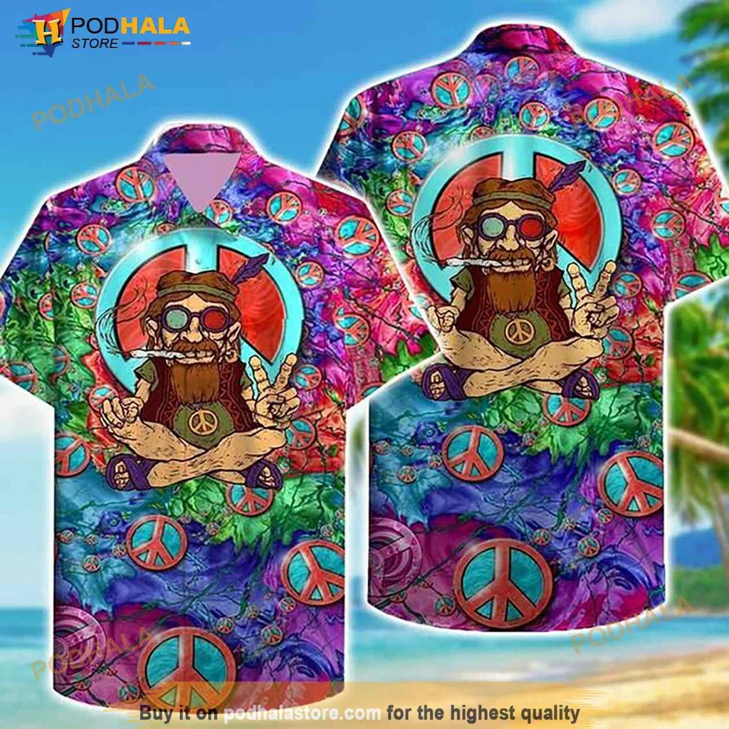Hippie Cartoon Character Hawaiian Shirt With Colorful Peace Symbols