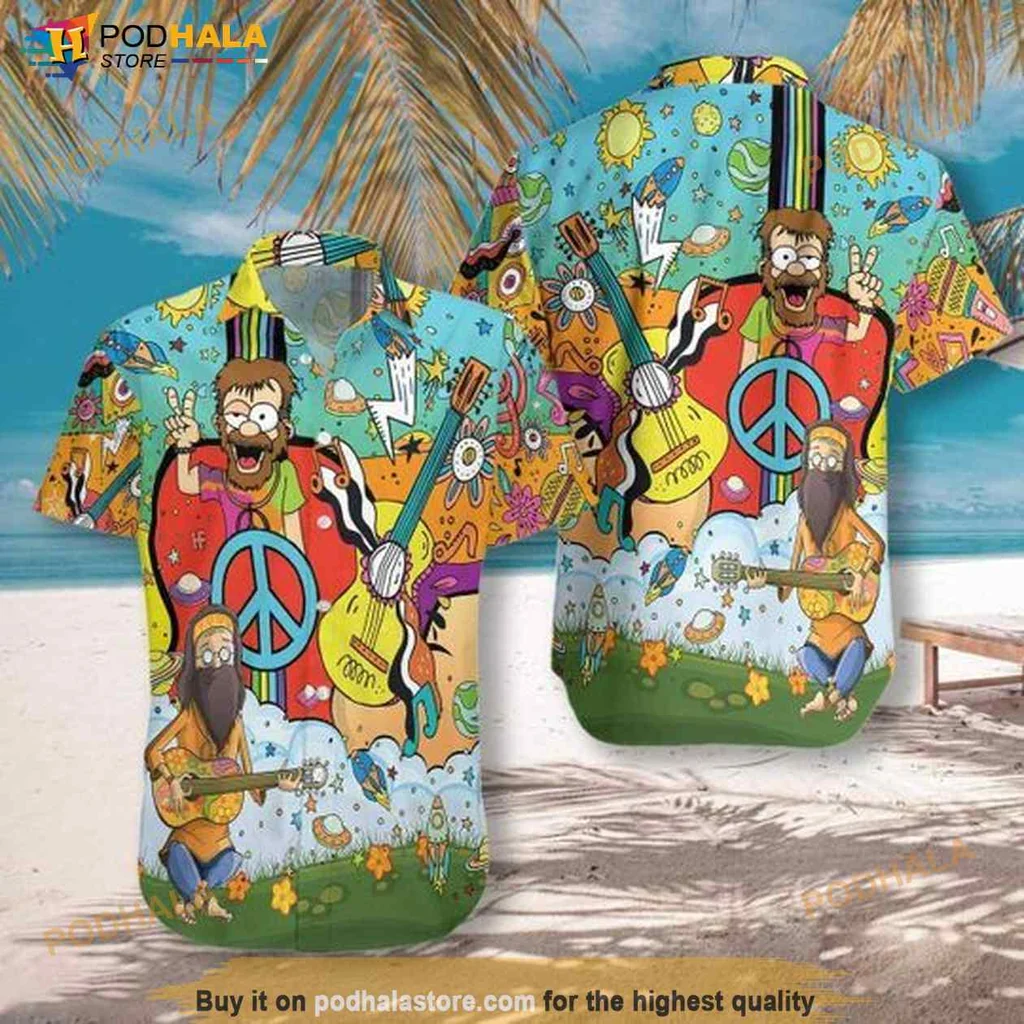 Hippie Colorful Aloha Shirt With Peace Symbols And Musical Elements