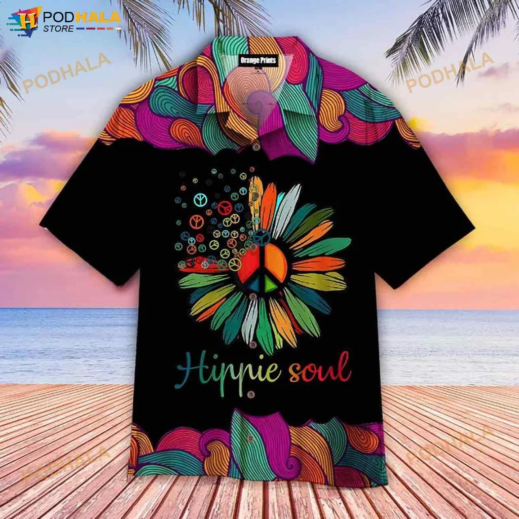 Hippie Soul Aloha Shirt With Colorful Peace Symbol And Floral Design