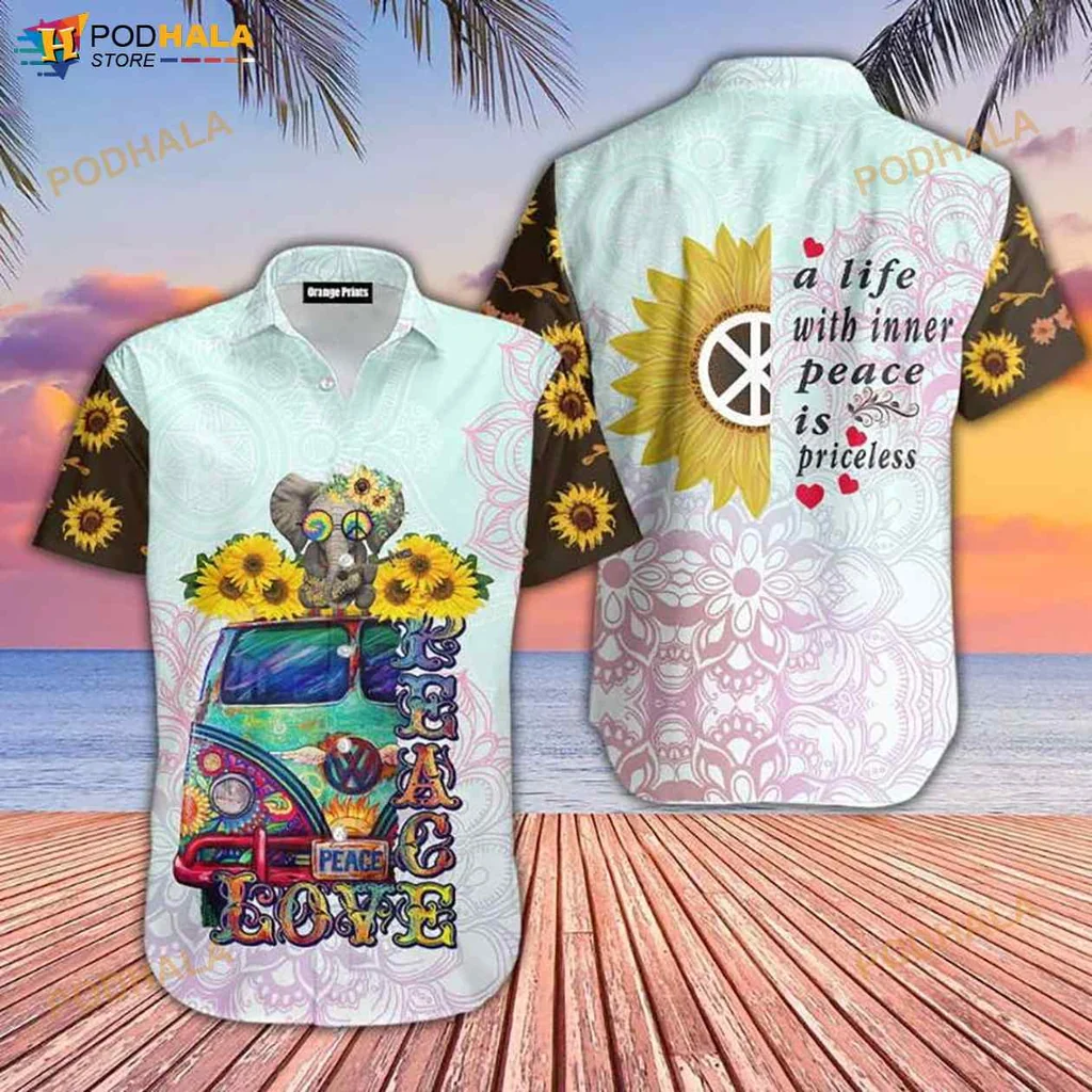 Hippie Sunflower Peace Bus Hawaiian Shirt With Colorful Vintage Design