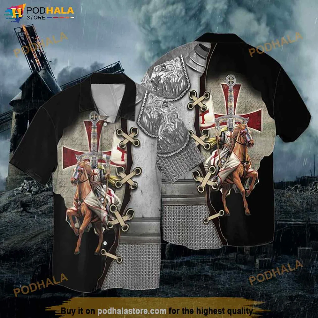 Historical Knight Templar Hawaiian Shirt, Knight On Horseback Design With Red Cross