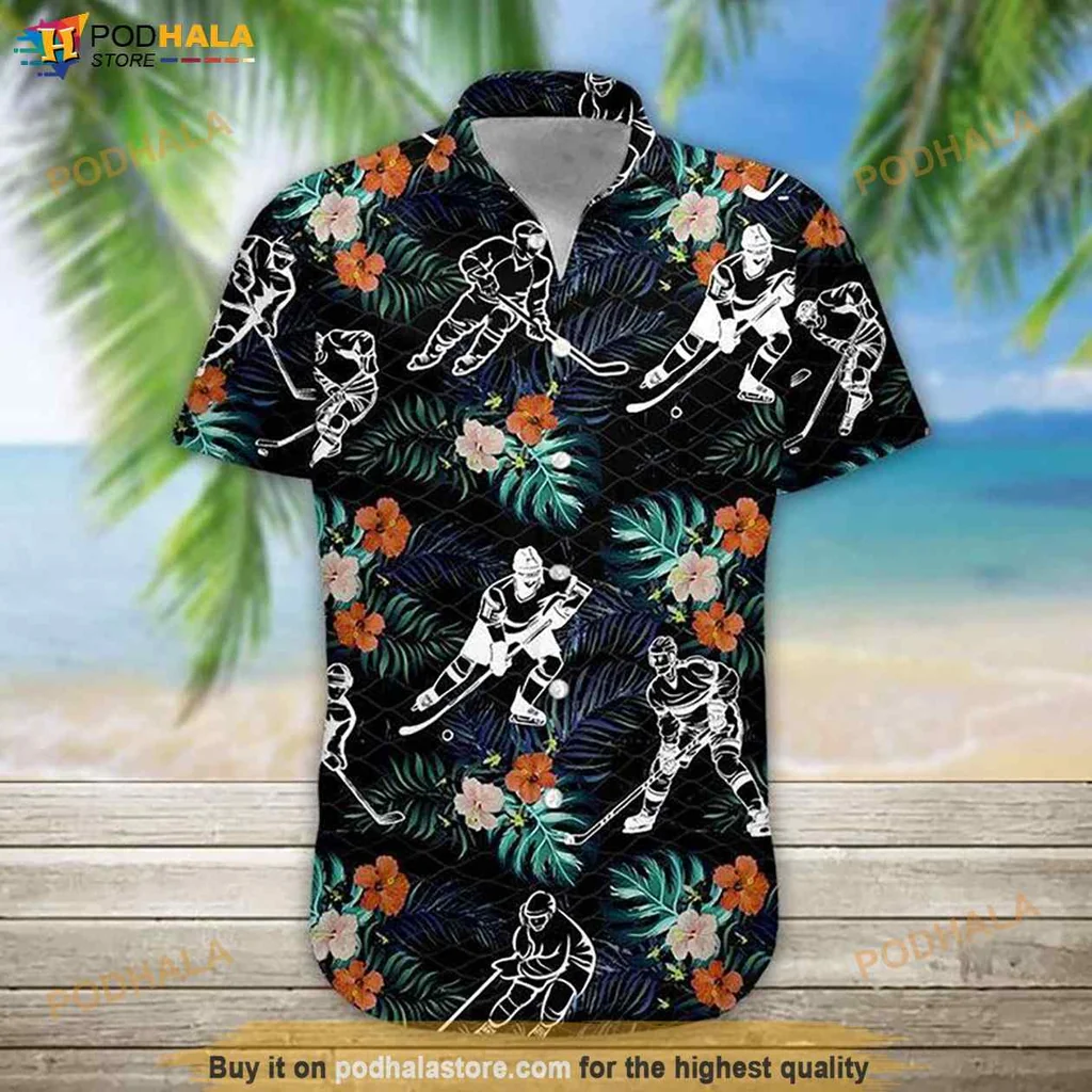 Hockey Lover Tropical Hawaiian Shirt, Vibrant Floral Design With Hockey Players