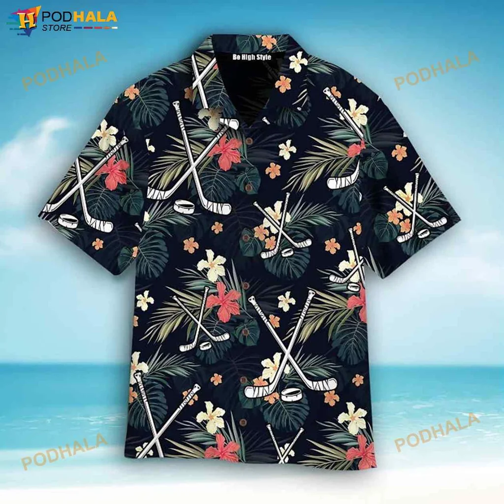 Hockey Lovers Hawaiian Shirt With Tropical Flowers And Crossed Sticks