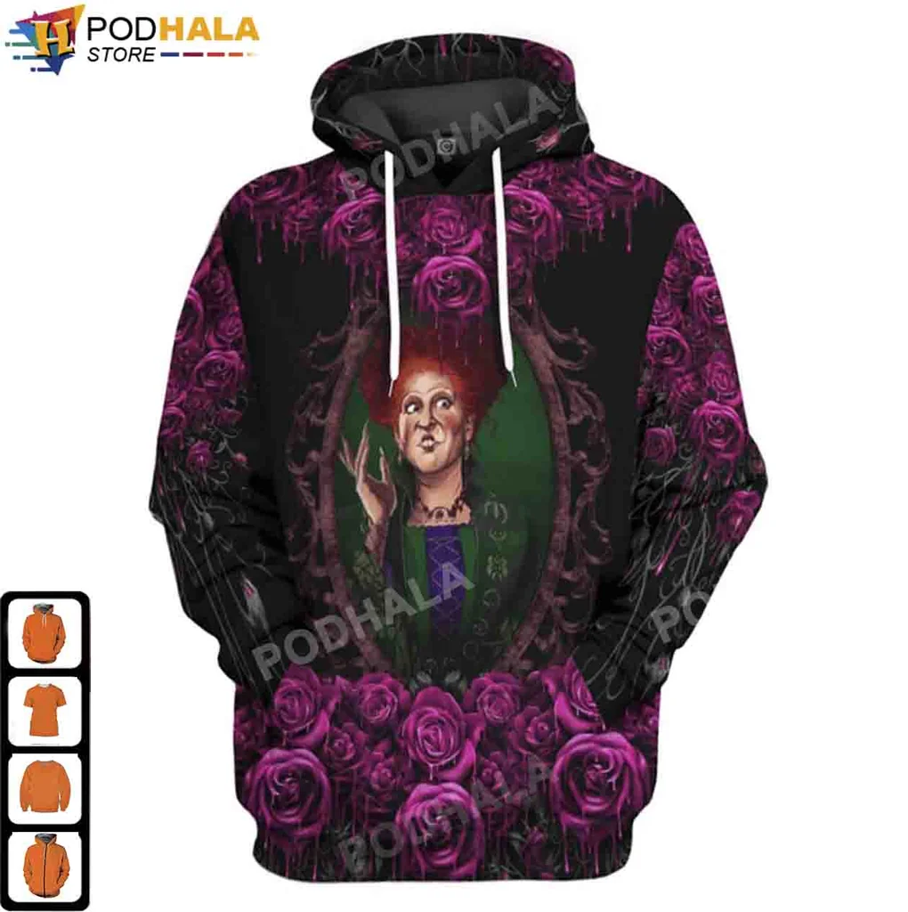 Hocus Pocus Character 3d Hoodie With Gothic Mirror And Purple Roses