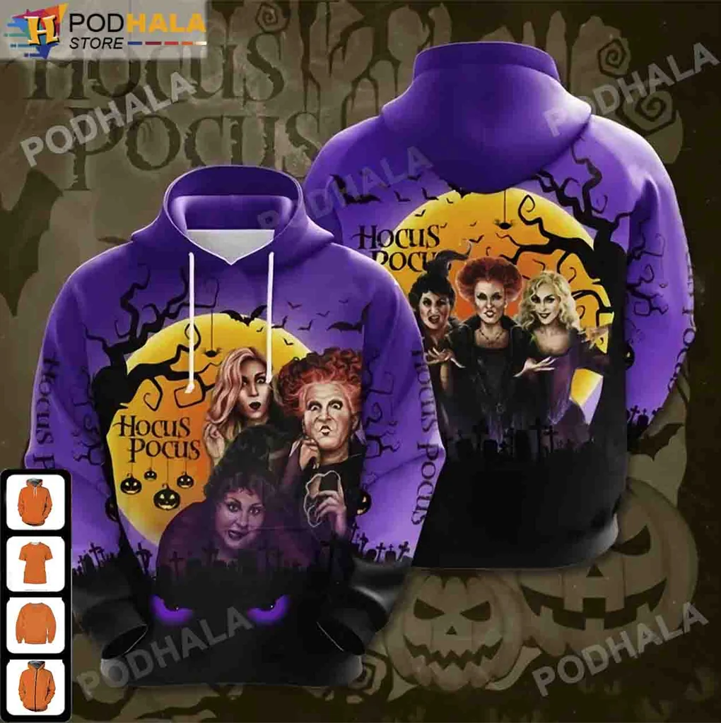 Hocus Pocus Witch Halloween 3d Hoodie With Spooky Witches And Moon