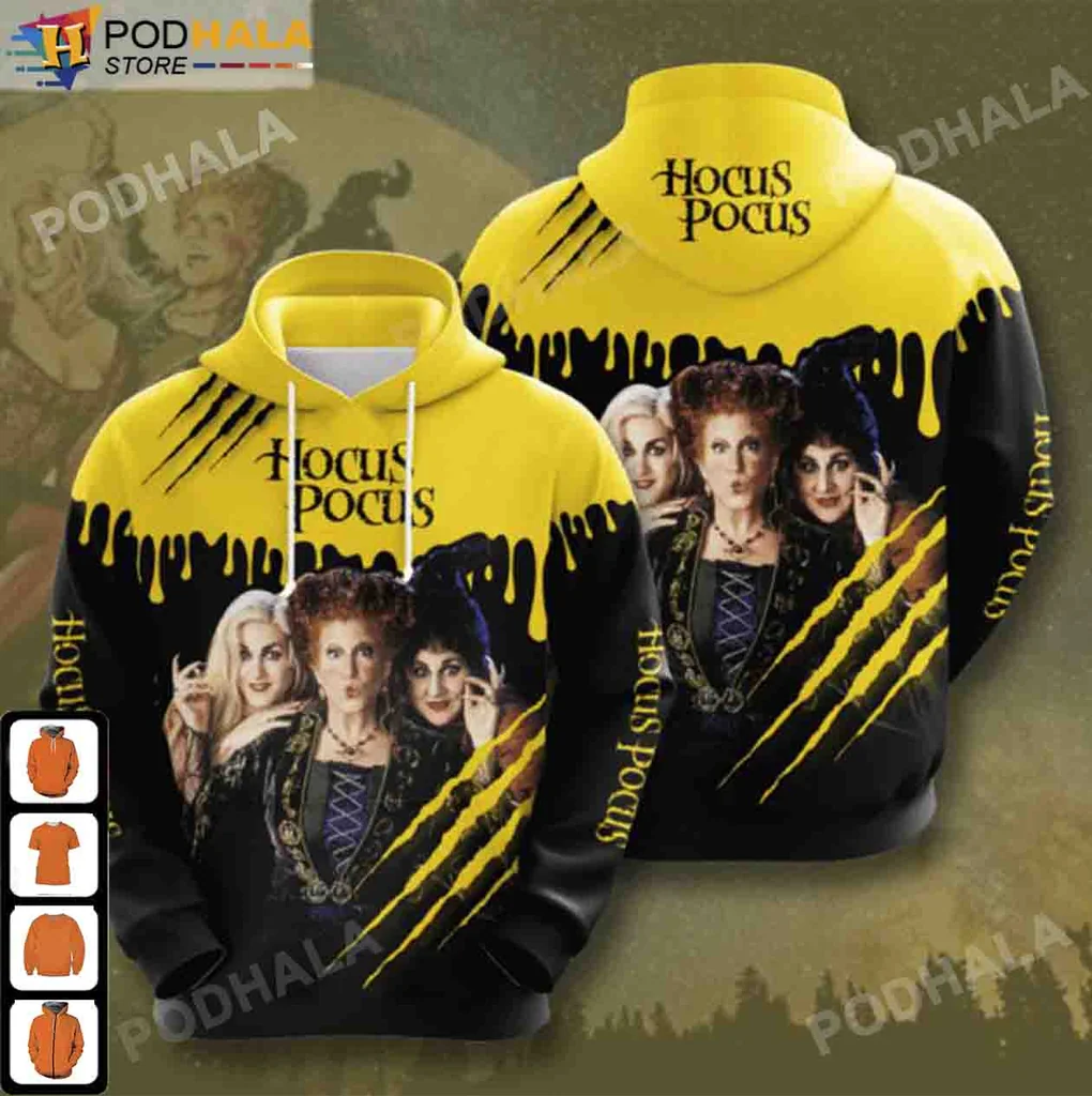 Hocus Pocus Witches 3d Hoodie With Spooky Yellow Design For Halloween Fans