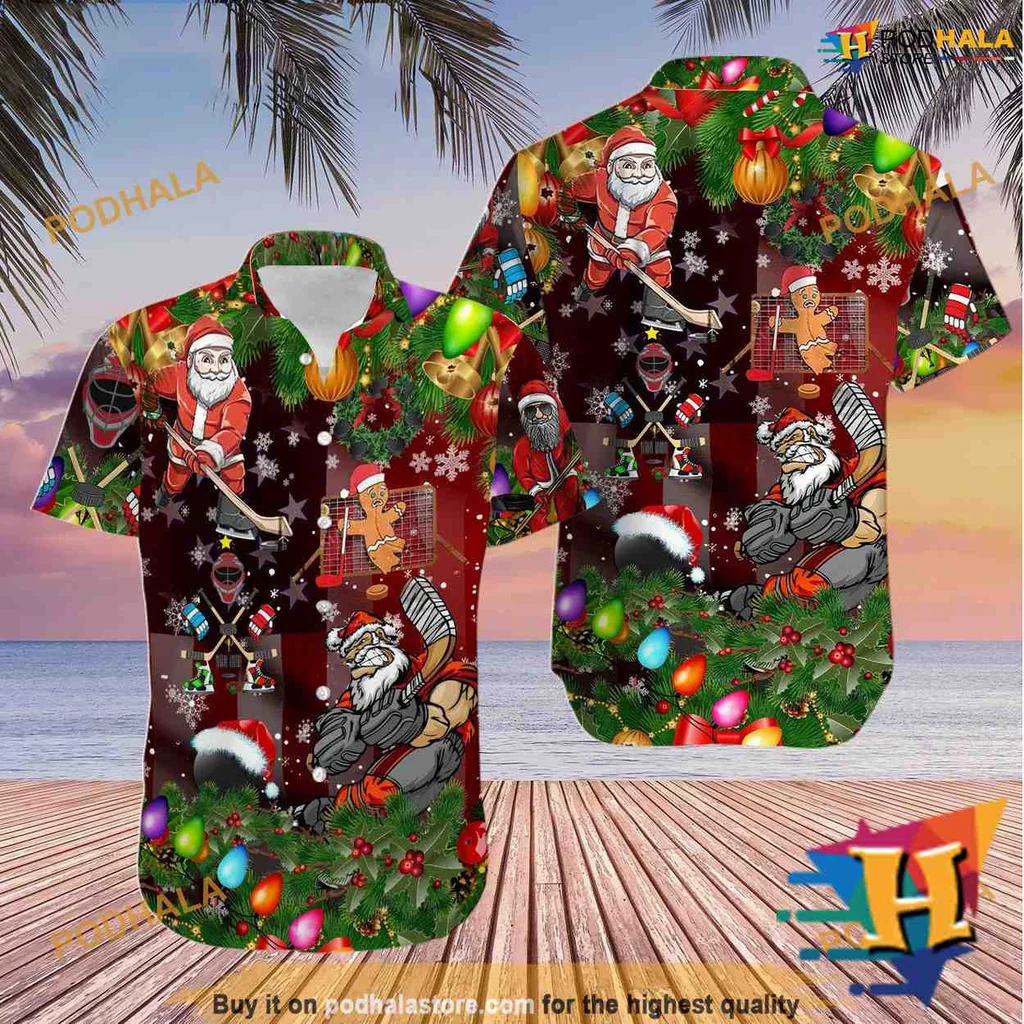 Holiday Hockey Fan Hawaiian Shirt Featuring Santa In Hockey Gear