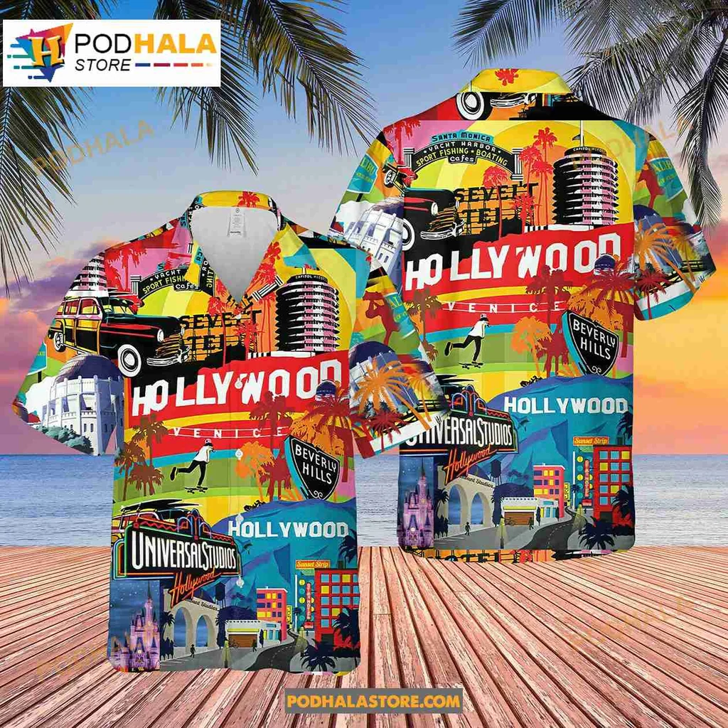 Hollywood Los Angeles Tropical Hawaiian Shirt With Iconic Landmarks