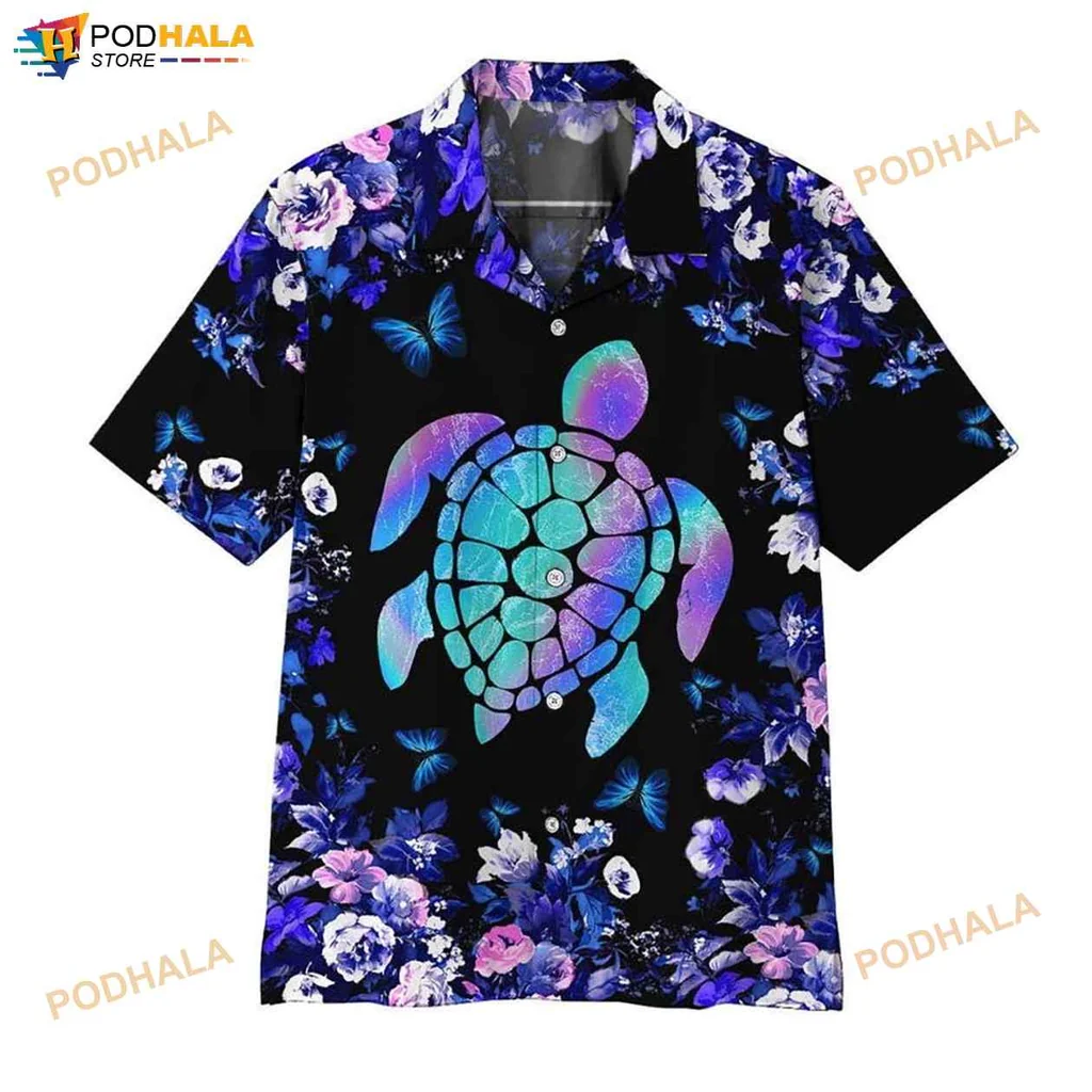 Holographic Turtle Hawaiian Shirt With Vibrant Floral Design
