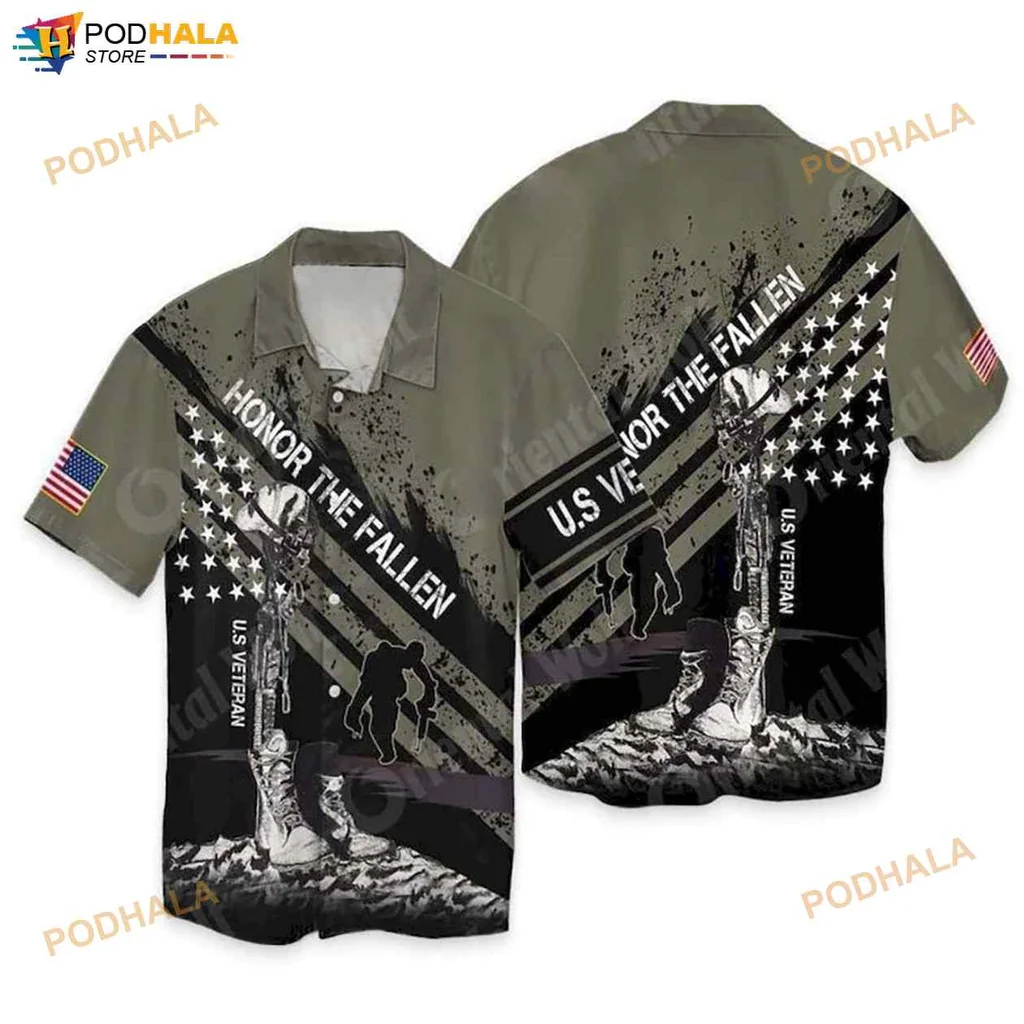 Honor The Fallen Hawaiian Shirt, Patriotic Design With Soldier And American Flag