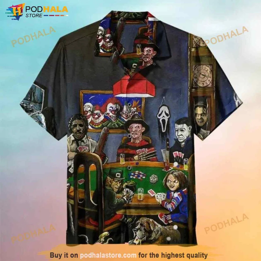 Horror Characters Aloha Shirt Featuring Iconic Figures At A Poker Table