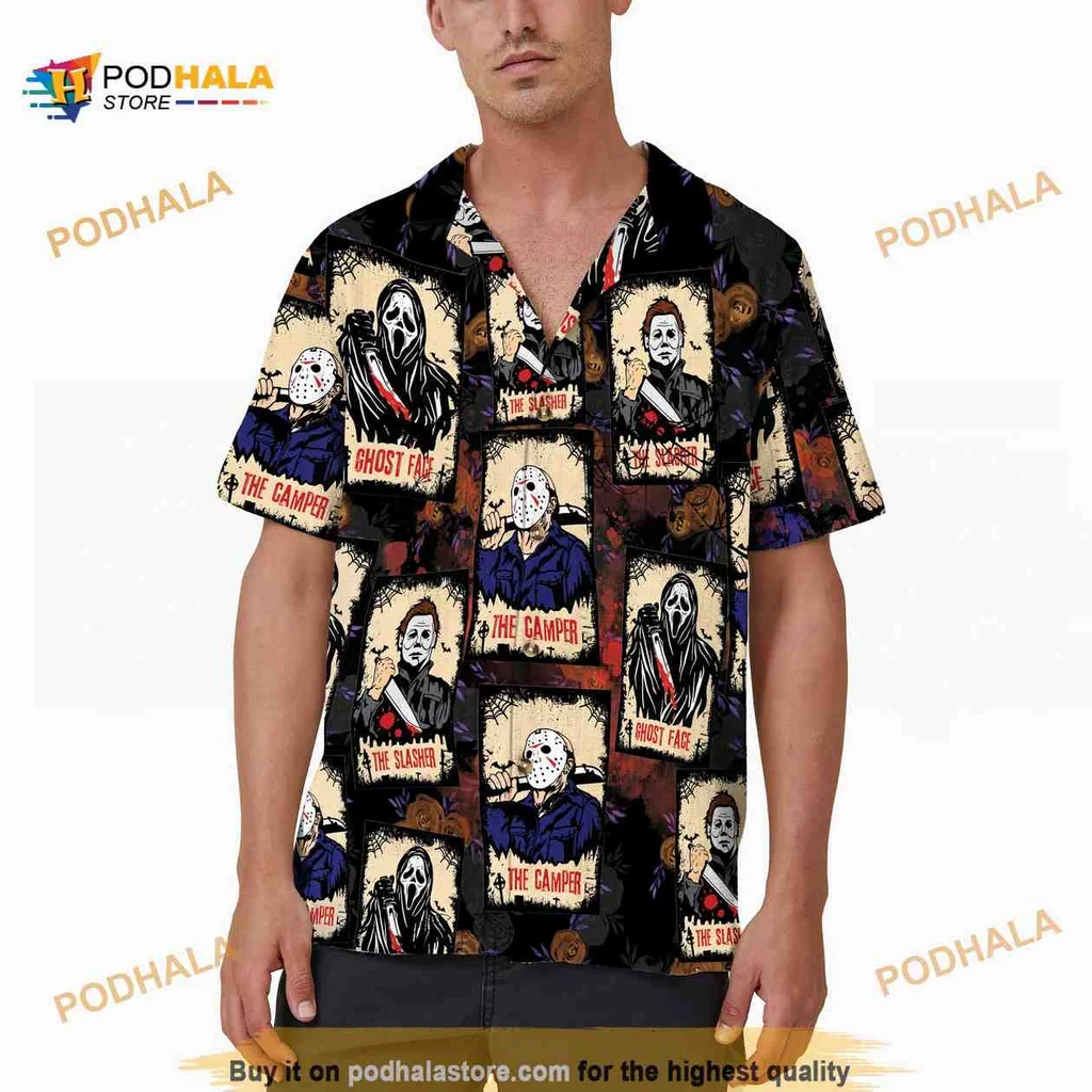 Horror Characters Hawaiian Shirt Featuring Classic Halloween Icons