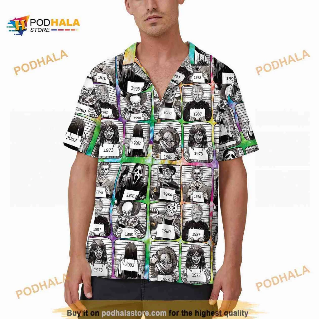 Horror Characters Hawaiian Shirt Featuring Iconic Mugshots And Colorful Stripes