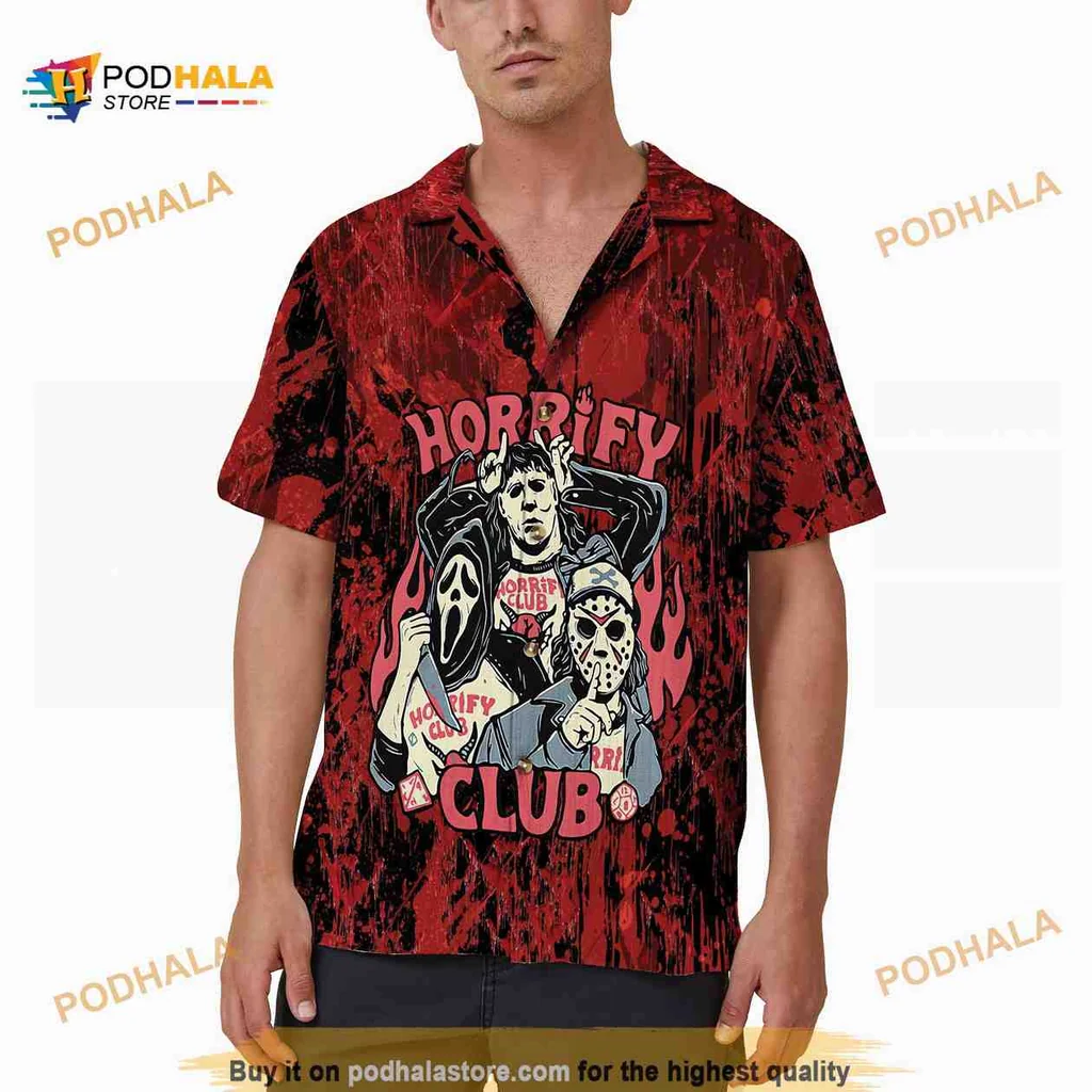 Horror Characters Hawaiian Shirt With Distressed Red Background