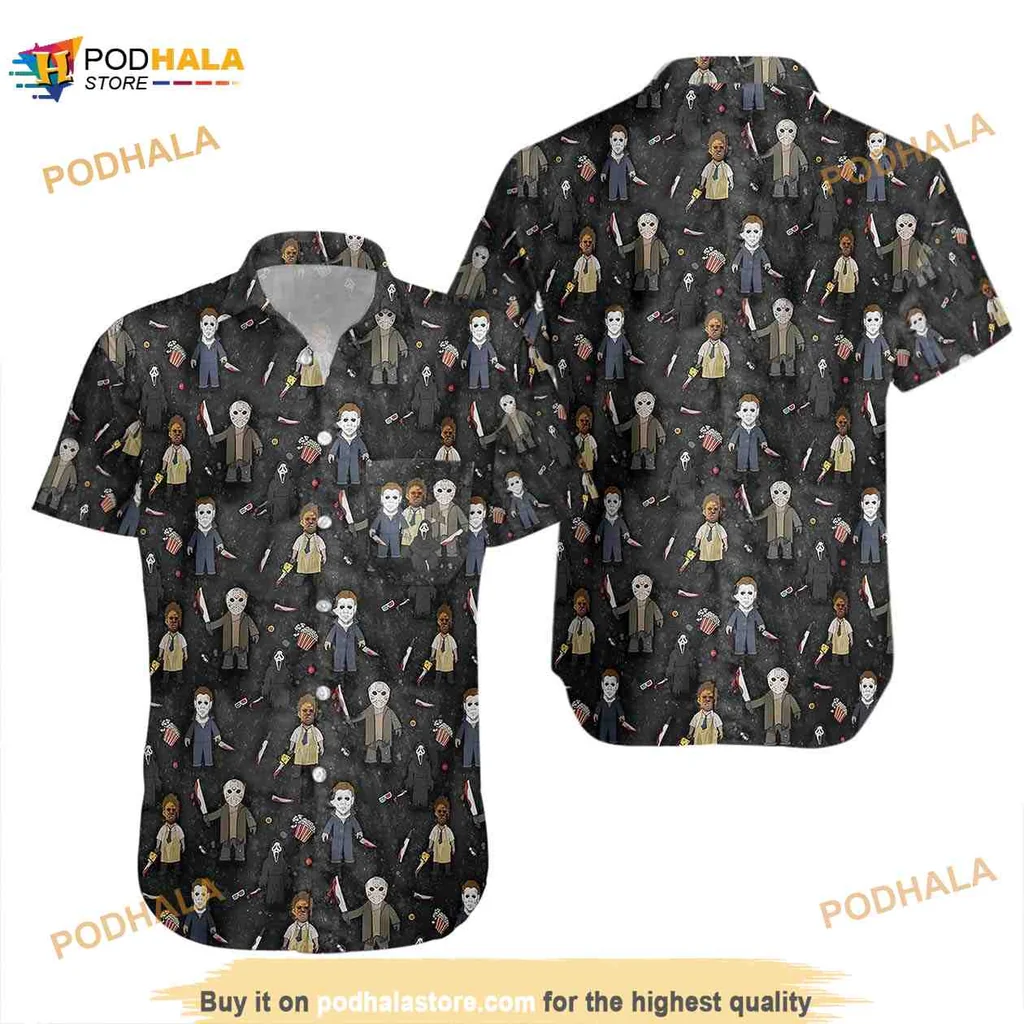 Horror Movie Characters Hawaiian Shirt Featuring Iconic Figures For Halloween Horror Movie Characters Hawaiian Shirt Featuring Iconic Figures For Halloween