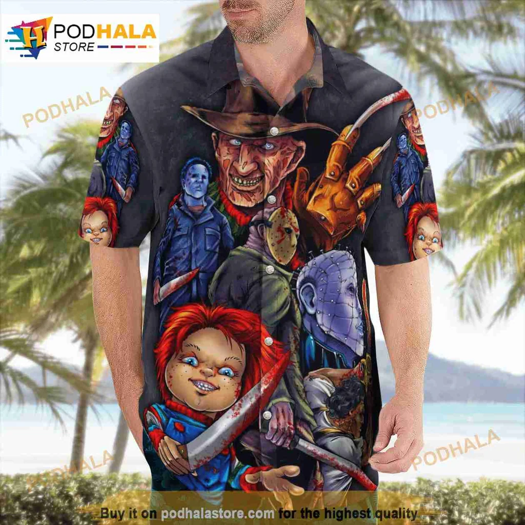 Horror Movie Characters Short-sleeve button-up shirt With 3d Graphic Design Horror Movie Characters Short-sleeve button-up shirt With 3d Graphic Design