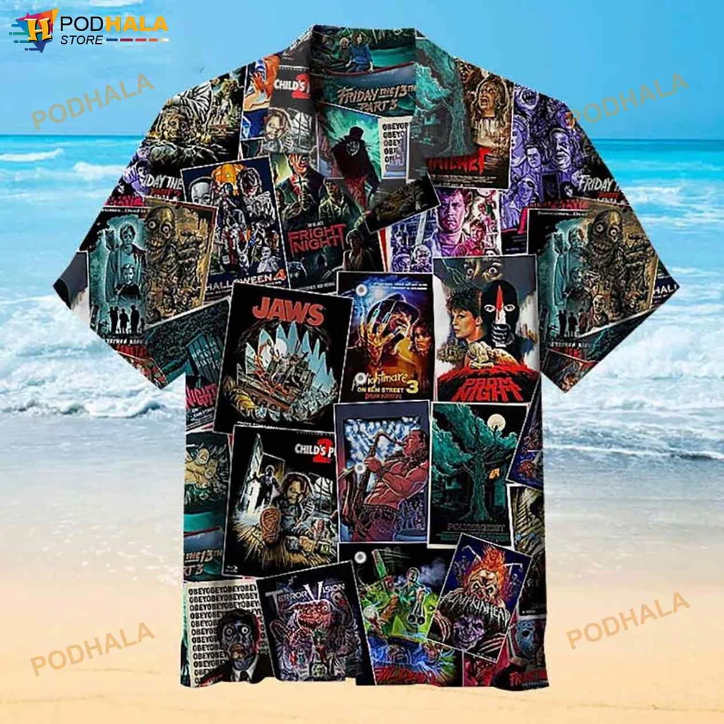 Horror Movie Characters Hawaiian Shirt With Colorful Comic Style Design