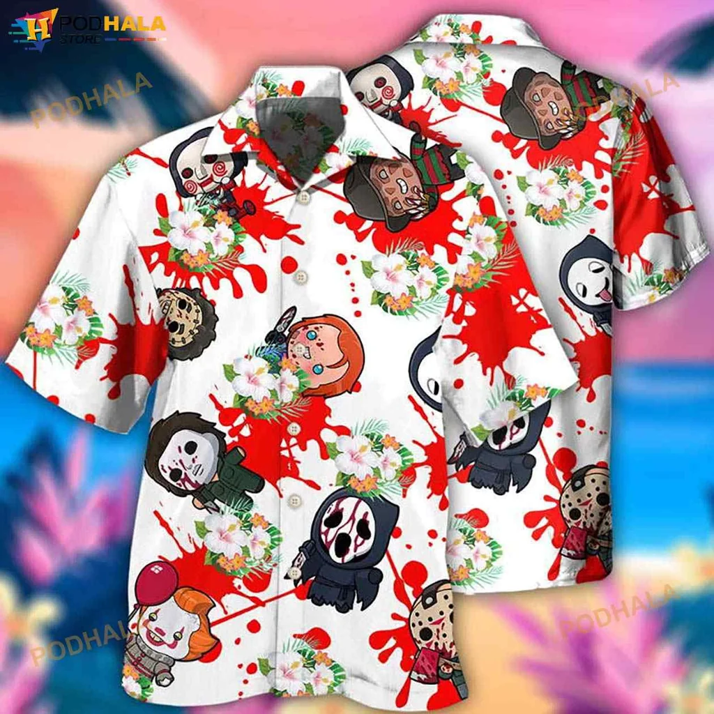 Horror Movie Fan Hawaiian Shirt, Fun Cartoon Characters And Tropical Flowers