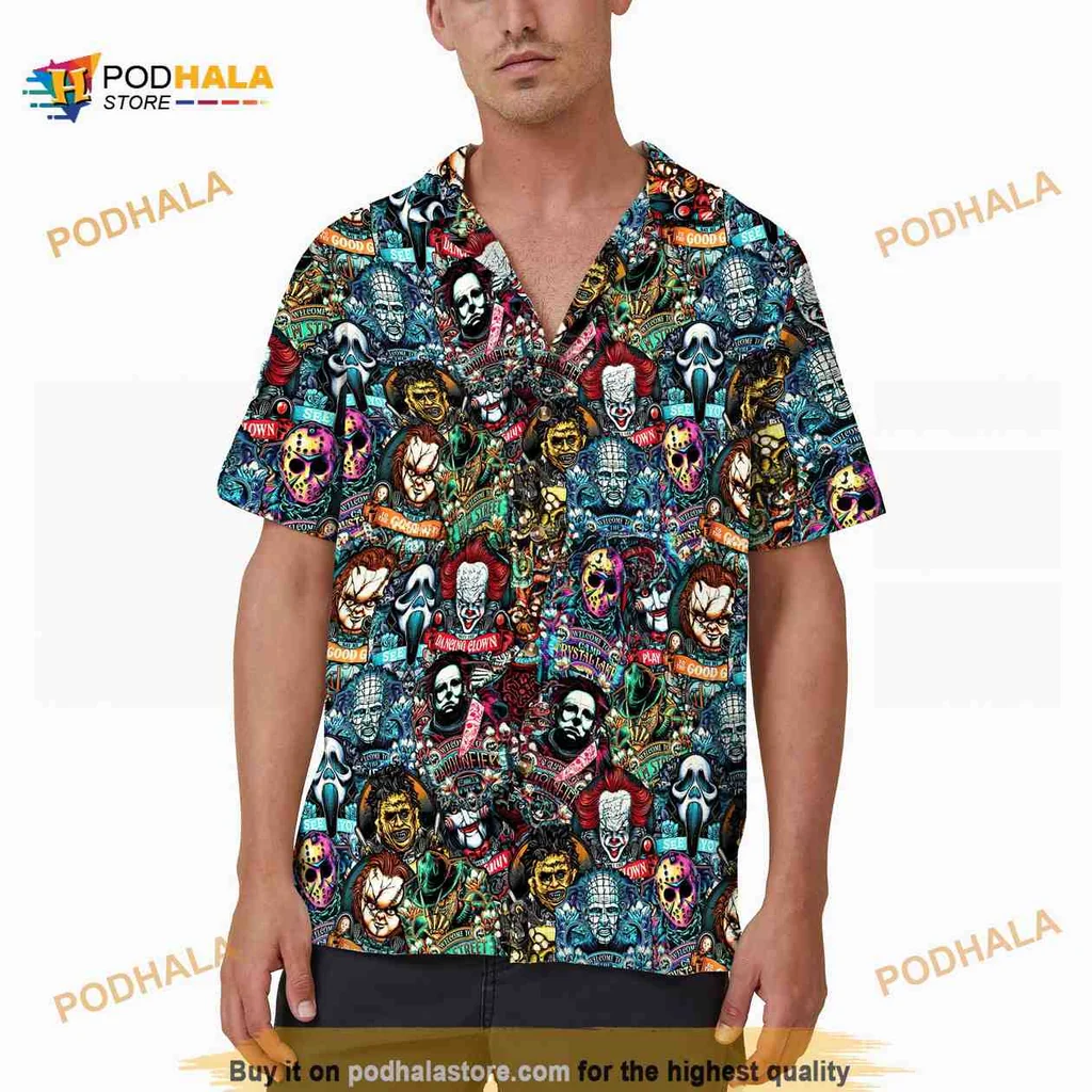 Horror Movie Motifs Hawaiian Shirt With Vibrant Skulls And Masks