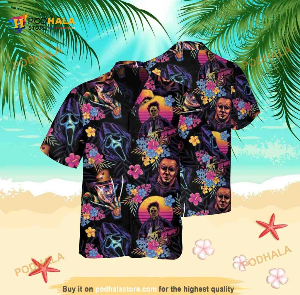 Horror Movie Retro Hawaiian Shirt With Iconic Characters And Tropical Vibes