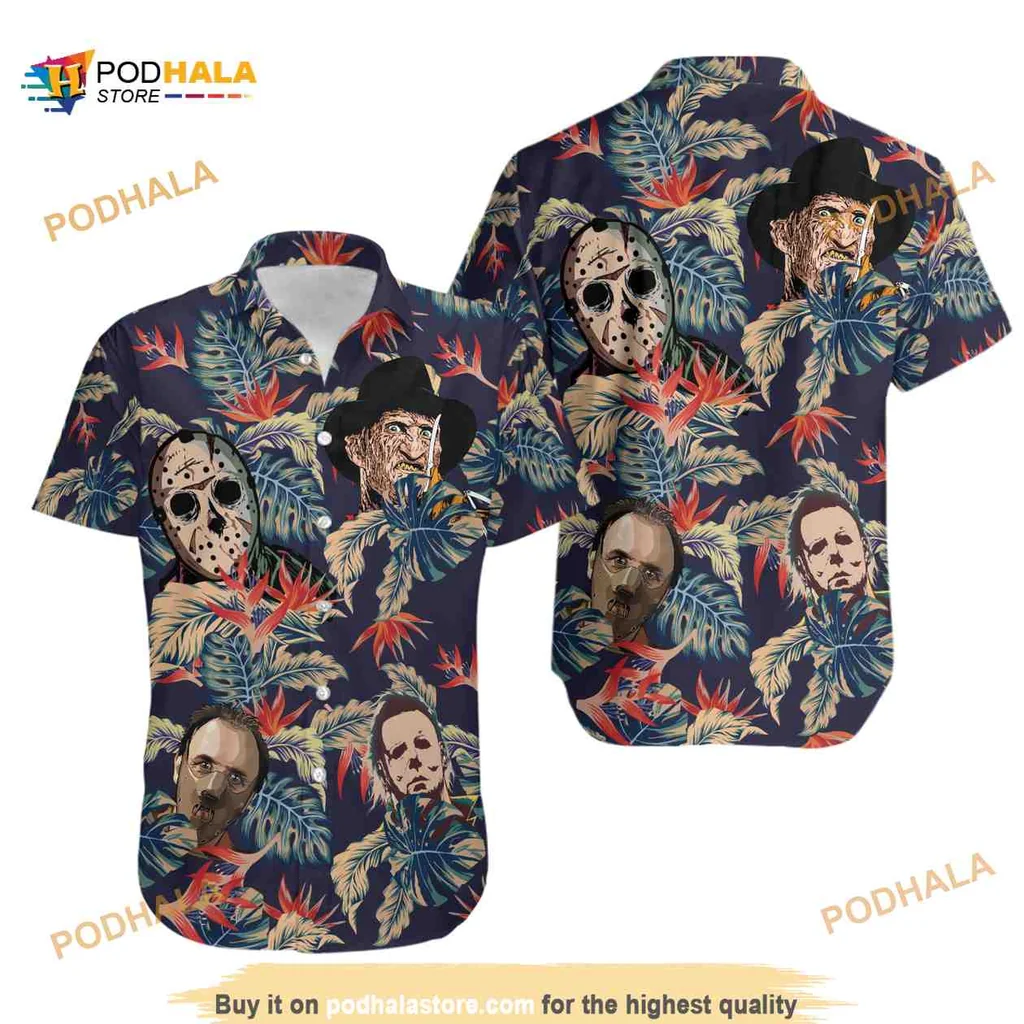 Horror Movie Slasher Hawaiian Shirt With Tropical Leaves And Icons