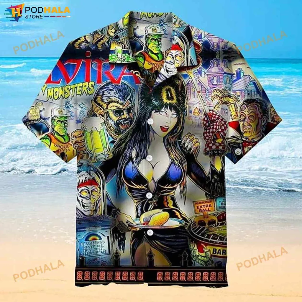 Horror Retro Graphic Hawaiian Shirt Featuring Playful Dark Character Design
