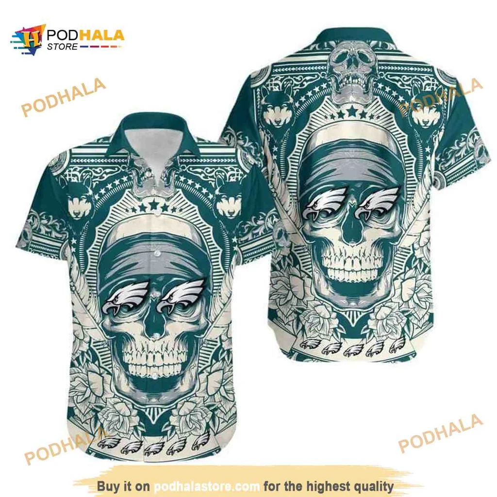 Horror Skull Philadelphia Eagles Hawaiian Shirt With Floral Design