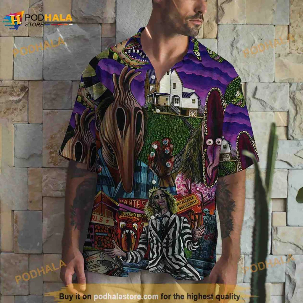 Horror Themed Aloha Shirt With Colorful Beetlejuice Design