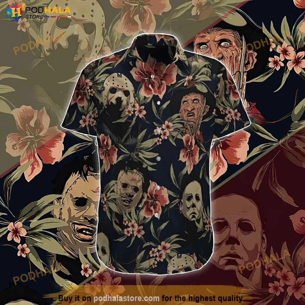 Horror Themed Hawaiian Shirt With Eerie Faces And Tropical Flowers