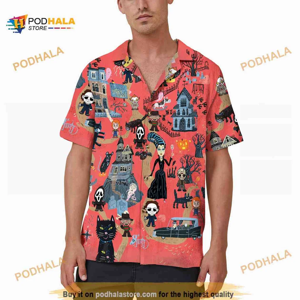 Horror Themed Hawaiian Shirt With Skulls Witches And Spooky Trees