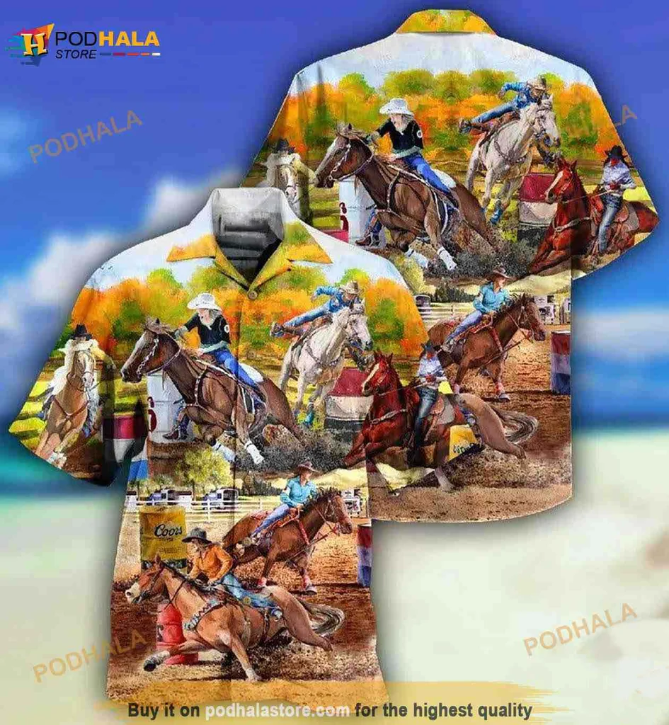 Horse Barrel Racing Hawaiian Shirt Featuring Dynamic Equestrian Design