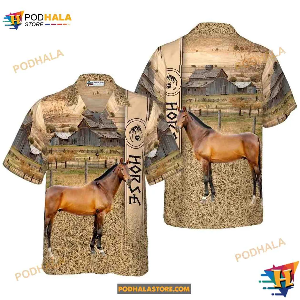 Horse Farm Aloha Shirt Featuring Scenic Grass Field And Rustic Barns