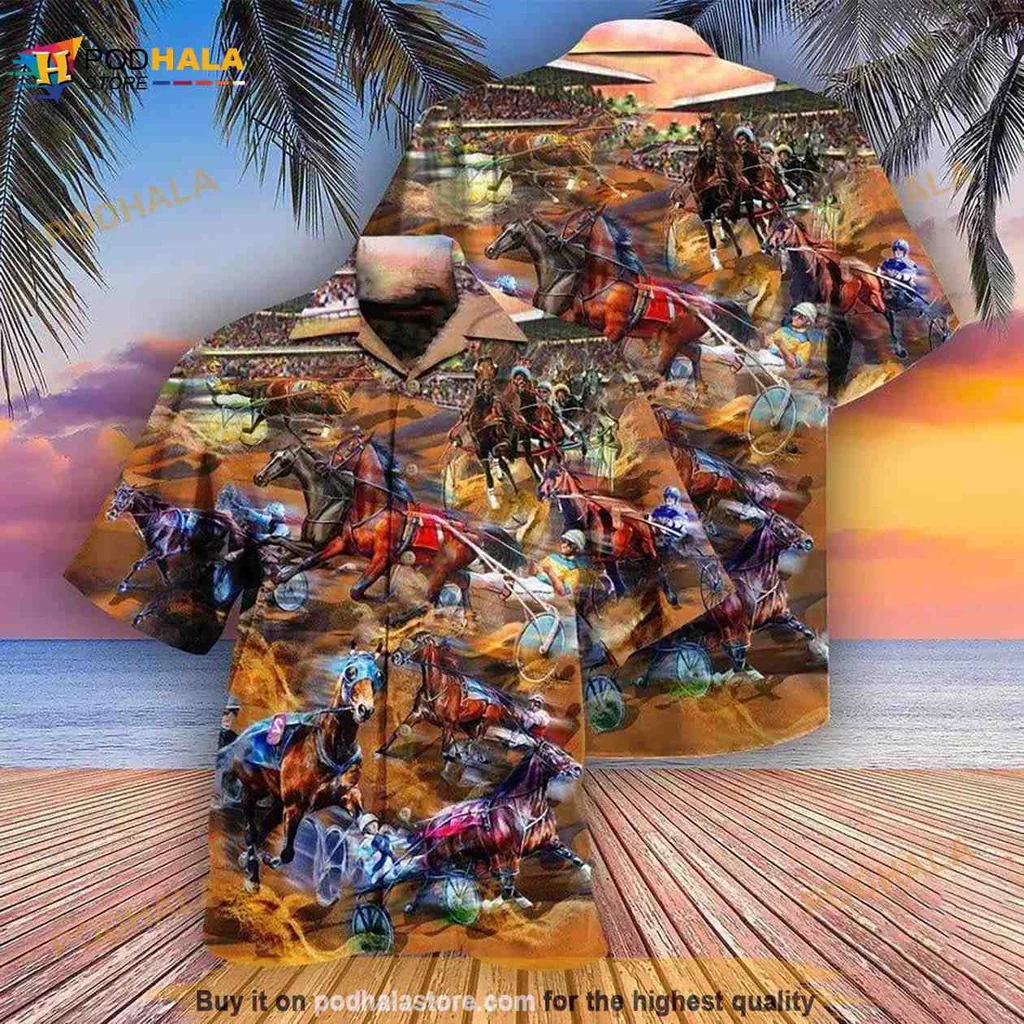 Horse Harness Racing Aloha Shirt Featuring Dynamic Horses In Action