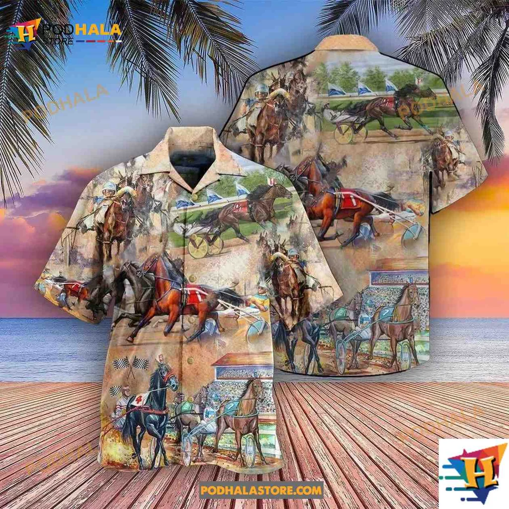 Horse Harness Racing Hawaiian Shirt Featuring Dynamic Horses In Motion