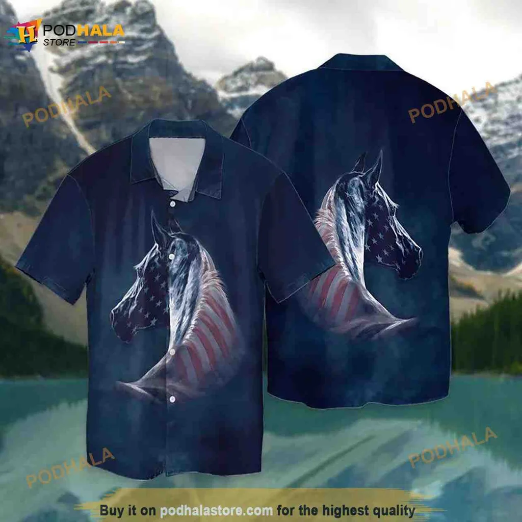 Horse Lovers American Flag Hawaiian Shirt With Patriotic Horse Design