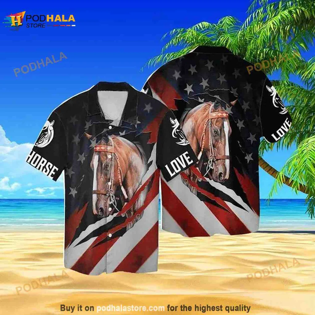 Horse Lovers American Flag Hawaiian Shirt With Realistic Horse Design Horse Lovers American Flag Hawaiian Shirt With Realistic Horse Design