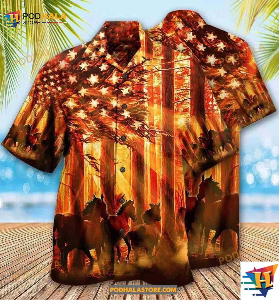 Horse Lovers Patriotic Hawaiian Shirt Featuring Majestic Horses And American Flag