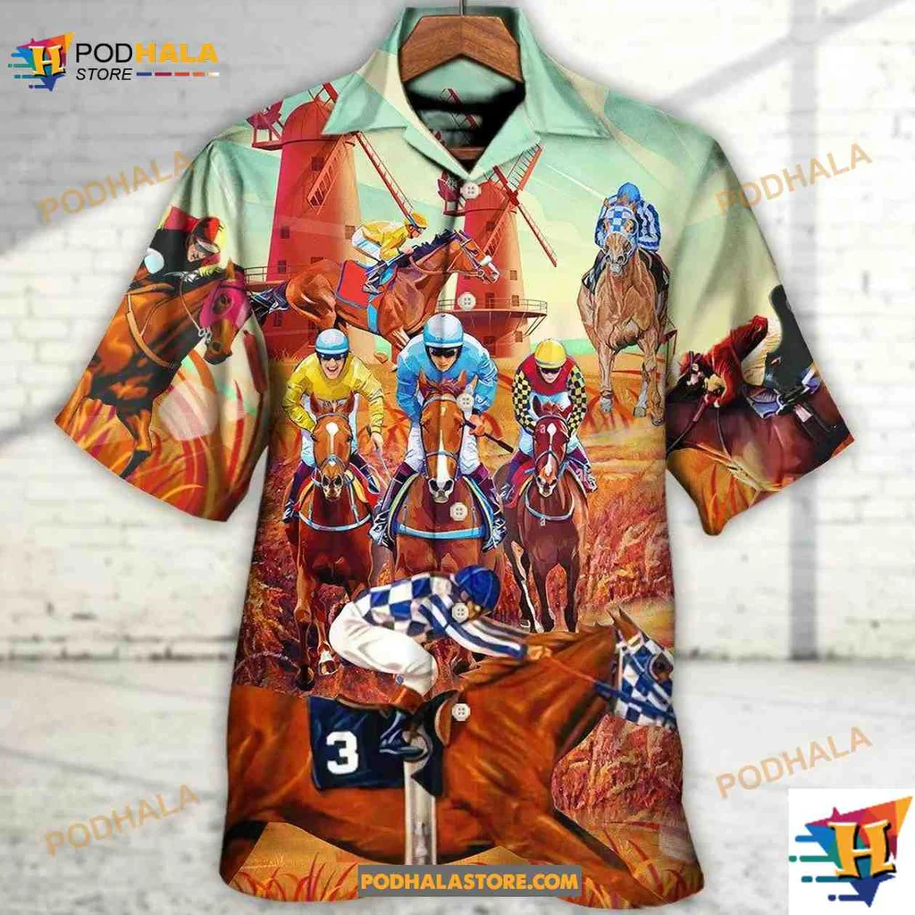 Horse Racing Tropical Shirt Featuring Galloping Horses And Jockeys Horse Racing Tropical Shirt Featuring Galloping Horses And Jockeys