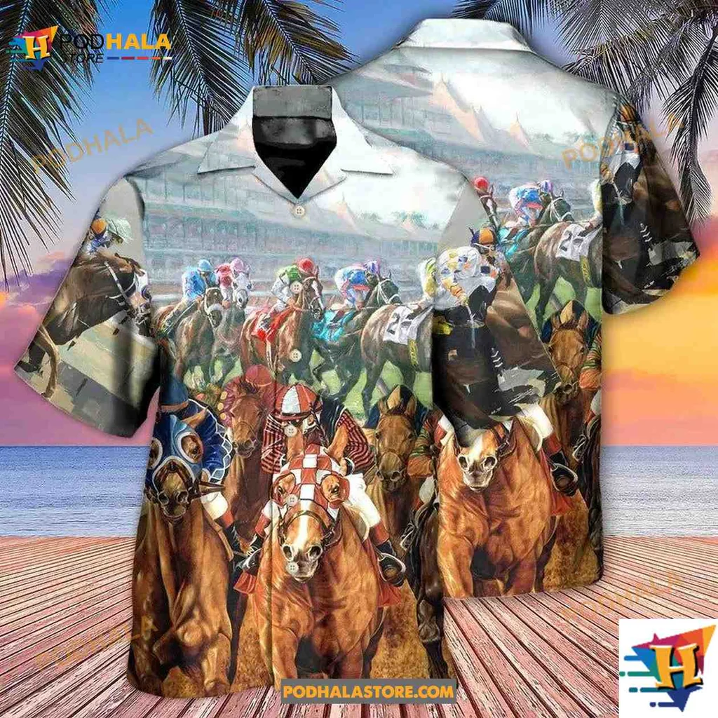 Horse Racing Aloha Shirt Featuring Galloping Horses And Vibrant Jockey Silks