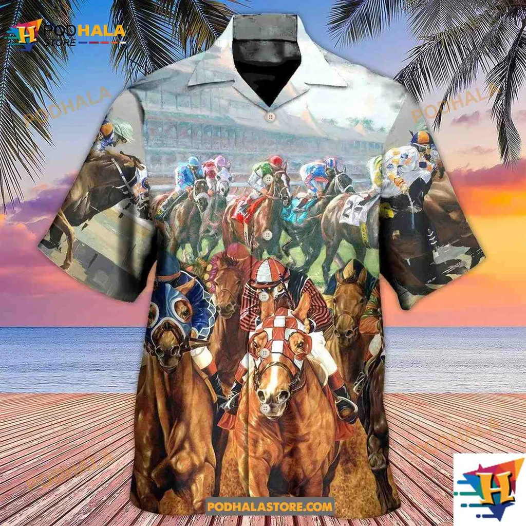 Horse Racing Aloha Shirt Featuring Jockeys And Galloping Horses