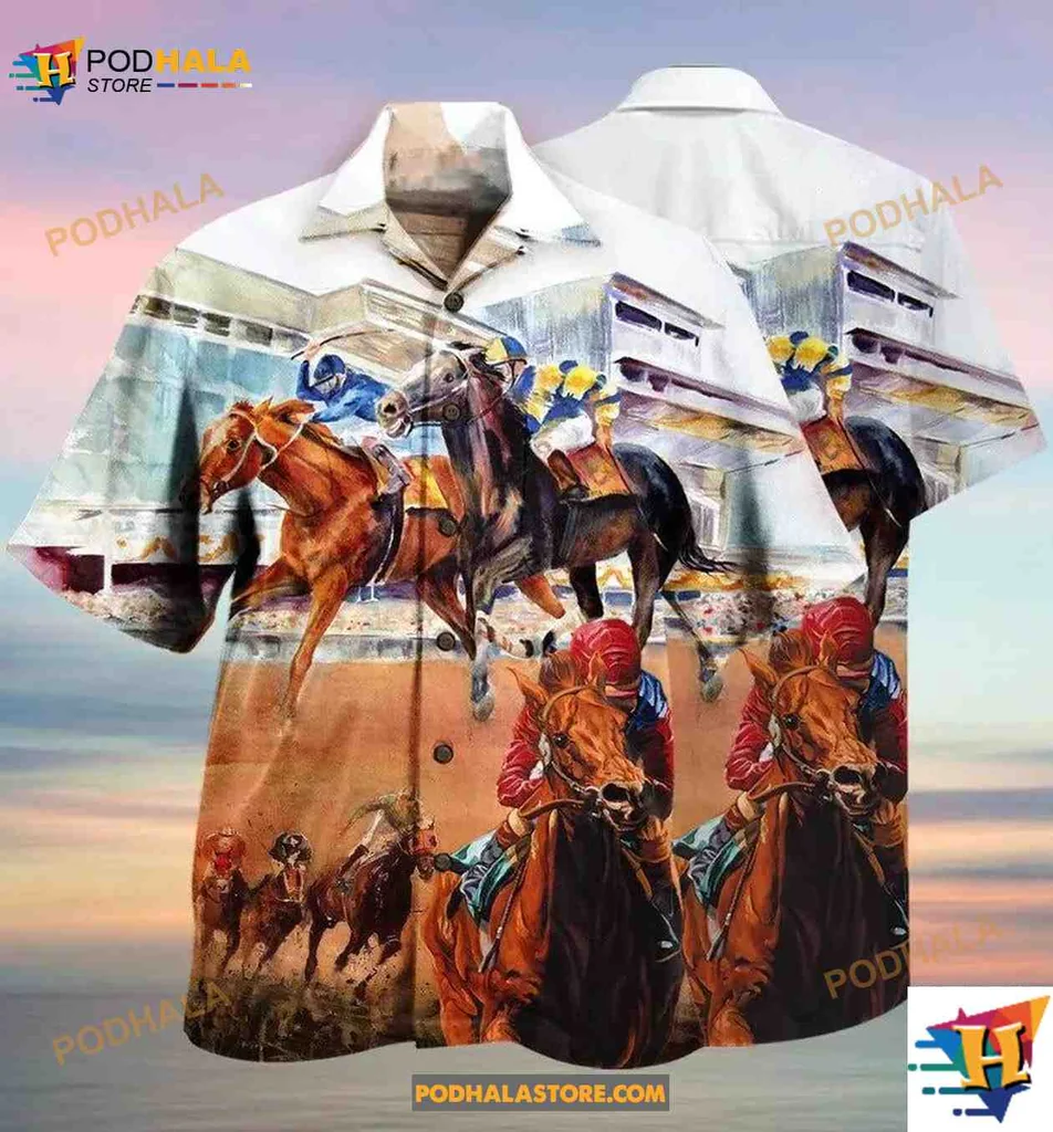 Horse Racing Aloha Shirt Featuring Vibrant Horses And Jockeys